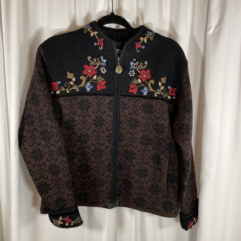 Vtg Icelandic Design Women’s Sweater Jacket -brown/black Nordic lined zip-S